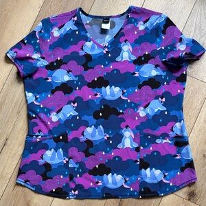 Disney Eeyore Scrub Top Womens XL Blue Purple Pink Clouds Pockets Nurse